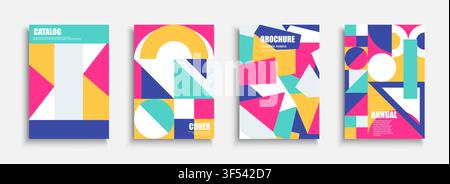 Creative abstract geometric cover designs with colorful bauhaus shapes. Modern corporate background set in trendy swiss art style for business Stock Vector