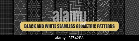 Collection of dark geometric seamless ornament patterns - symmetric elegant design. Vector repeatable black and white luxury backgrounds Stock Vector