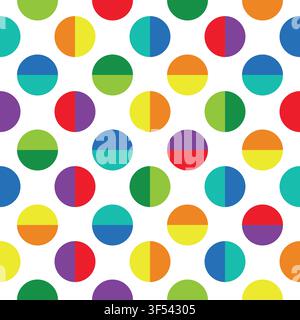 Colorful rainbow split polka dot seamless pattern vector. Bright children background texture with geometric vibrant round circle shapes and abstract Stock Vector