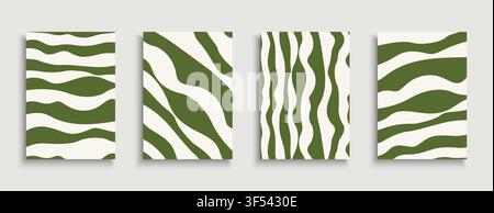 Modern olive green aesthetic wallpaper with curve fluid lines. Elegant cream wavy textures set and organic liquid pattern vectors for trendy interior Stock Vector