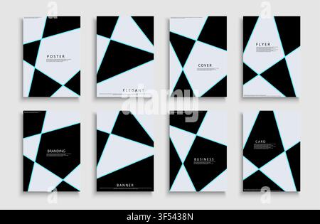 Collection of modern business poster designs with futuristic neon cyan lines. Geometric corporate brochure covers and creative abstract presentation Stock Vector