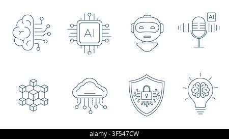 Modern artificial intelligence and machine learning line icon set featuring AI brain, neural processor, chatbot, voice assistant, blockchain network, Stock Vector