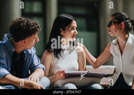 Three college students chatting and studying together on a sunny outdoor campus bench Stock Photo