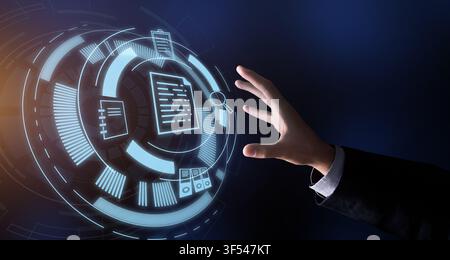 Business Data Storage. Businessman Hand Touching Virtual Screen With Information Icons Stock Photo