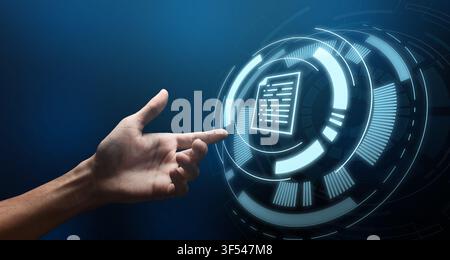 Data System And Document Management. Hand Touching Virtual Screen With Information Icon Stock Photo