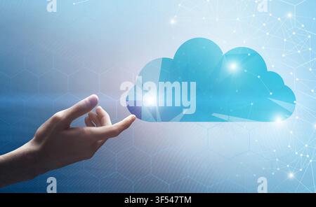 Data Storage. Male Hand Touching Abstract Cloud Icon With Polygonal Wireframe Connections Stock Photo