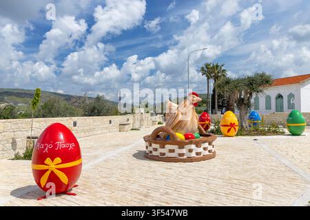 olive tree (Olea europaea), Easter tradition in Cyprus, large Easter eggs and Easter baskets are displayed, Cyprus, Paphos, Agia Varvara Stock Photo