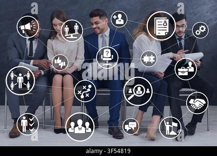 Group of people waiting for job interview, gray background, collage Stock Photo