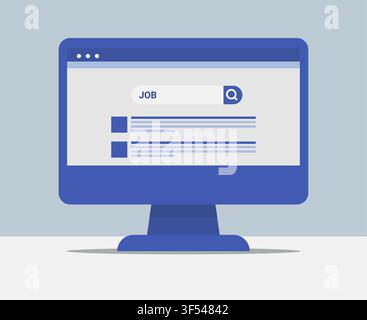Computer With Job Search Webpage On Screen, Blue Background, Illustration Stock Vector