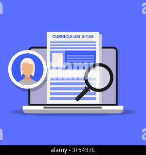 Laptop With Job Applicant's Curriculum Vitae Over Blue Background, Illustration Stock Vector