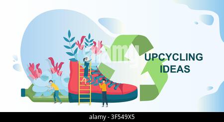 DIY upcycling ideas. Old shoe and plastic bottle used for growing plants, creative vector illustration in flat style Stock Vector