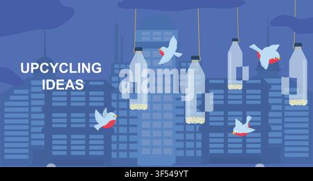 Upcycling ideas. Vector illustration of plastic bottles used as bird feeders on blue background with cityscape Stock Vector