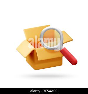 3D Open cardboard box with magnifying glass. Stock Vector