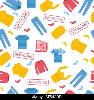 Upcycling. Seamless pattern with old clothes for DIY reuse on white background, vector illustration in flat style Stock Vector