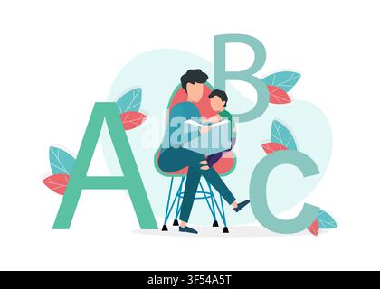 Flat vector illustration with dad teaching his kid to read on white background Stock Vector