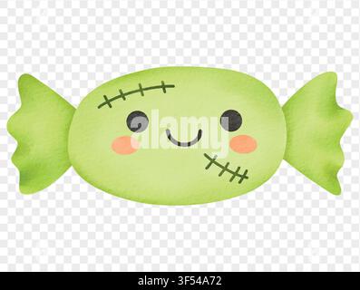 Cute green monster wrapped candy Halloween kawaii festive design Vector. Stock Vector