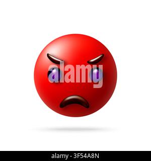 3D Angry emoji with red face and dark purple eyes. Stock Vector