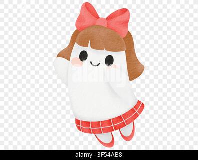 Watercolor ghost girl with red bow and skirt cute Halloween vector. Stock Vector