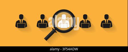 Magnifying Glass Choosing One Of Job Applicants, Orange Background, Illustration Stock Vector