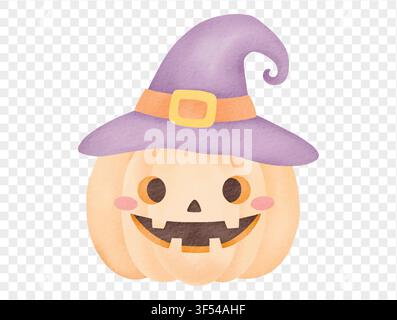 Watercolor halloween pumpkin with purple witch hat festive cute vector. Stock Vector