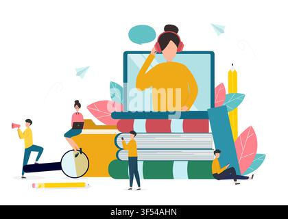 Huge heap of books, tablet computer and people with different gadgets studying, flat style vector illustration Stock Vector