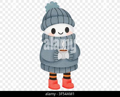 Cute watercolor ghost holding coffee cup wearing winter hat cozy Halloween illustration vector. Stock Vector