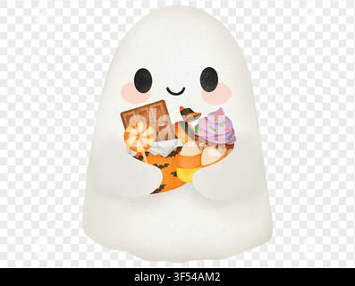 Cute ghost holding Halloween candy watercolor illustration vector. Stock Vector