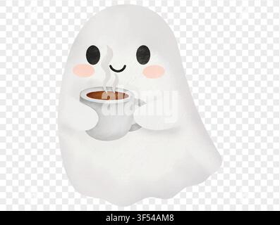 Cute ghost holding coffee cup watercolor Halloween illustration vector. Stock Vector