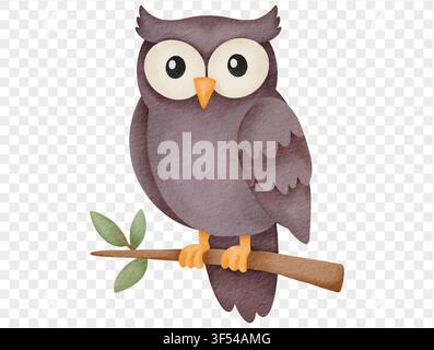 Watercolor owl sitting on branch spooky Halloween bird illustration vector. Stock Vector