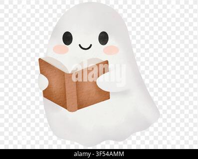 Cute watercolor ghost reading book Halloween illustration vector. Stock Vector