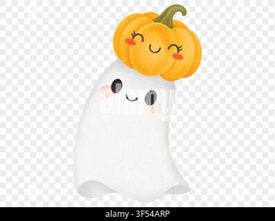 Watercolor ghost with pumpkin on head cute Halloween illustration vector. Stock Vector