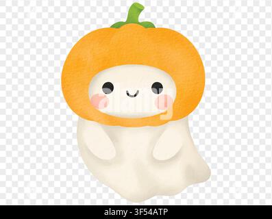 Cute ghost with pumpkin head, watercolor Halloween element vector. Stock Vector