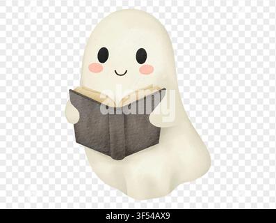 Watercolor cute ghost reading book, cozy Halloween art for kids.vector Stock Vector