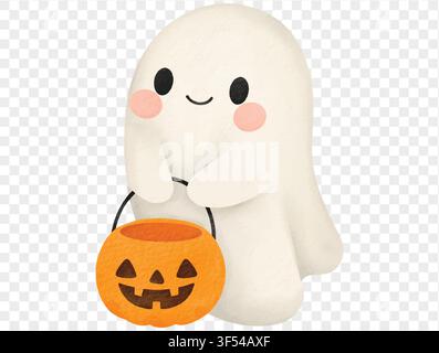 Cute watercolor ghost holding pumpkin bucket Halloween illustration vector. Stock Vector