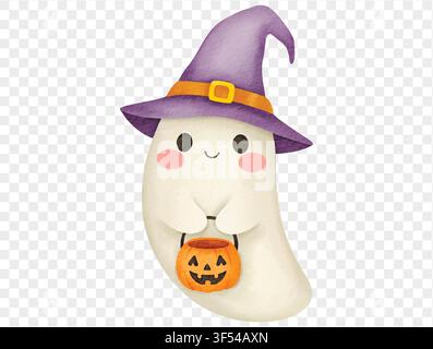 Watercolor cute ghost wearing purple witch hat holding pumpkin bucket, adorable Halloween illustration.vector Stock Vector