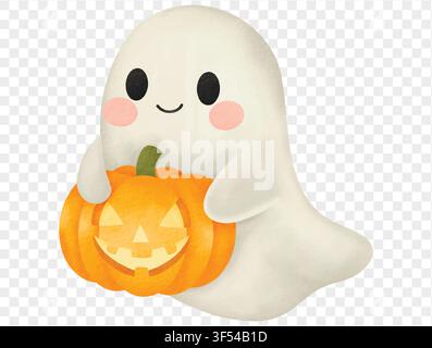 Watercolor ghost holding pumpkin lantern, cute Halloween watercolor clipart.vector Stock Vector