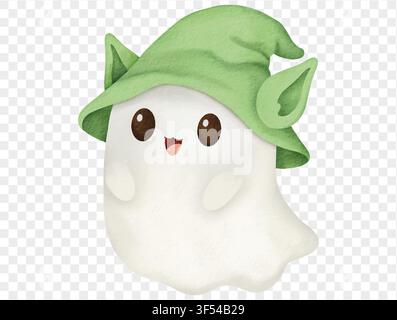Cute ghost with green witch hat, watercolor Halloween illustration vector. Stock Vector