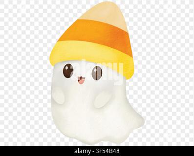 Cute ghost with candy corn hat, watercolor Halloween element vector. Stock Vector