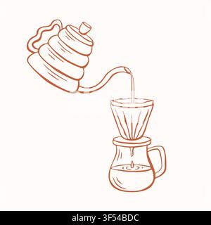 Pour over coffee brewing process with kettle and dripper. Line art coffee making equipment. Drip coffee method concept. Vector illustration in sketch Stock Vector