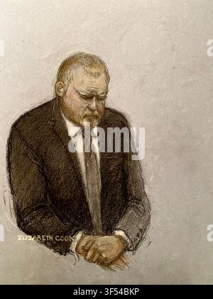 Court artist drawing by Elizabeth Cook of funeral director Robert Bush appearing at Hull Crown Court, where he has been jailed for 20 years for 67 offences, including 30 counts of preventing a lawful burial. Picture date: Friday July 31, 2026. Stock Photo