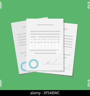 Vector Illustration For Signed Contract Or Document With Stamp Over Green Background Stock Vector