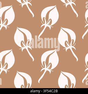Seamless pattern with delicate white cotton plant flower buds on brown background. Minimalist organic floral botanical texture. illustration for Stock Vector