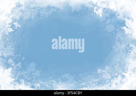 Frozen Window Texture with Frost Icy Leaves and Snow Particles. Blue winter abstract vector ice crystal background. December seasonal frame for ads Stock Vector