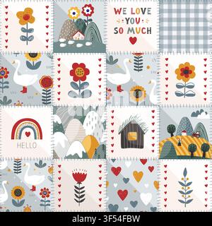 Scandinavian Seamless patchwork pattern with kawaii baby drawing and stylized sews. Flowers, rainbows, geese, and mountains background. Vector Stock Vector