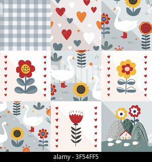 Scandinavian Seamless patchwork pattern with kawaii baby drawing. Flowers, hearts, geese, and mountains background. Vector illustration. Stock Vector