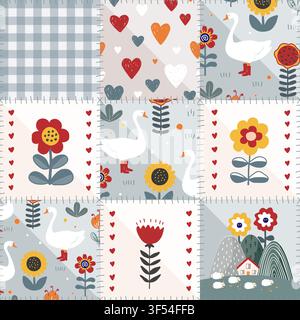 Scandinavian Seamless patchwork pattern with kawaii baby drawing and stylized sews. Flowers, hearts, geese, and mountains background. Vector Stock Vector