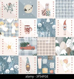 Christmas Patchwork Quilt Seamless Doodle Pattern. Rustic Winter Patch Duvet Design. Vector background. Stock Vector