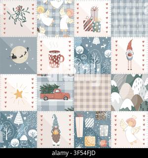 Christmas Patchwork Quilt Seamless Doodle Pattern with Stylized Sews. Rustic Winter Patch Duvet Design. Vector background Stock Vector