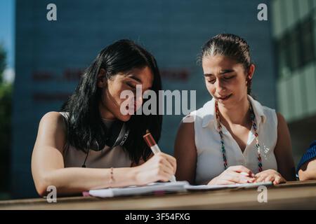 Two female students studying and writing together at an outdoor university campus table Stock Photo