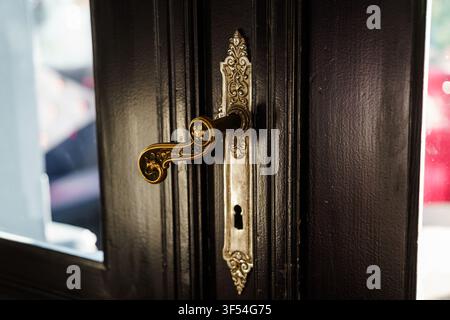 Closeup of an ornate vintage brass door handle with intricate scrollwork, mounted on a dark wooden frame, perfect for architectural interior design Stock Photo